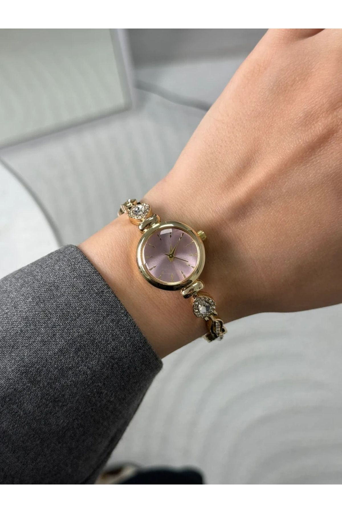 RoseandRoses Harrene Damla Taşlı Yeni Sezon İnce Kordon Kadın Kol Saati Gold (Pembe Kadran)