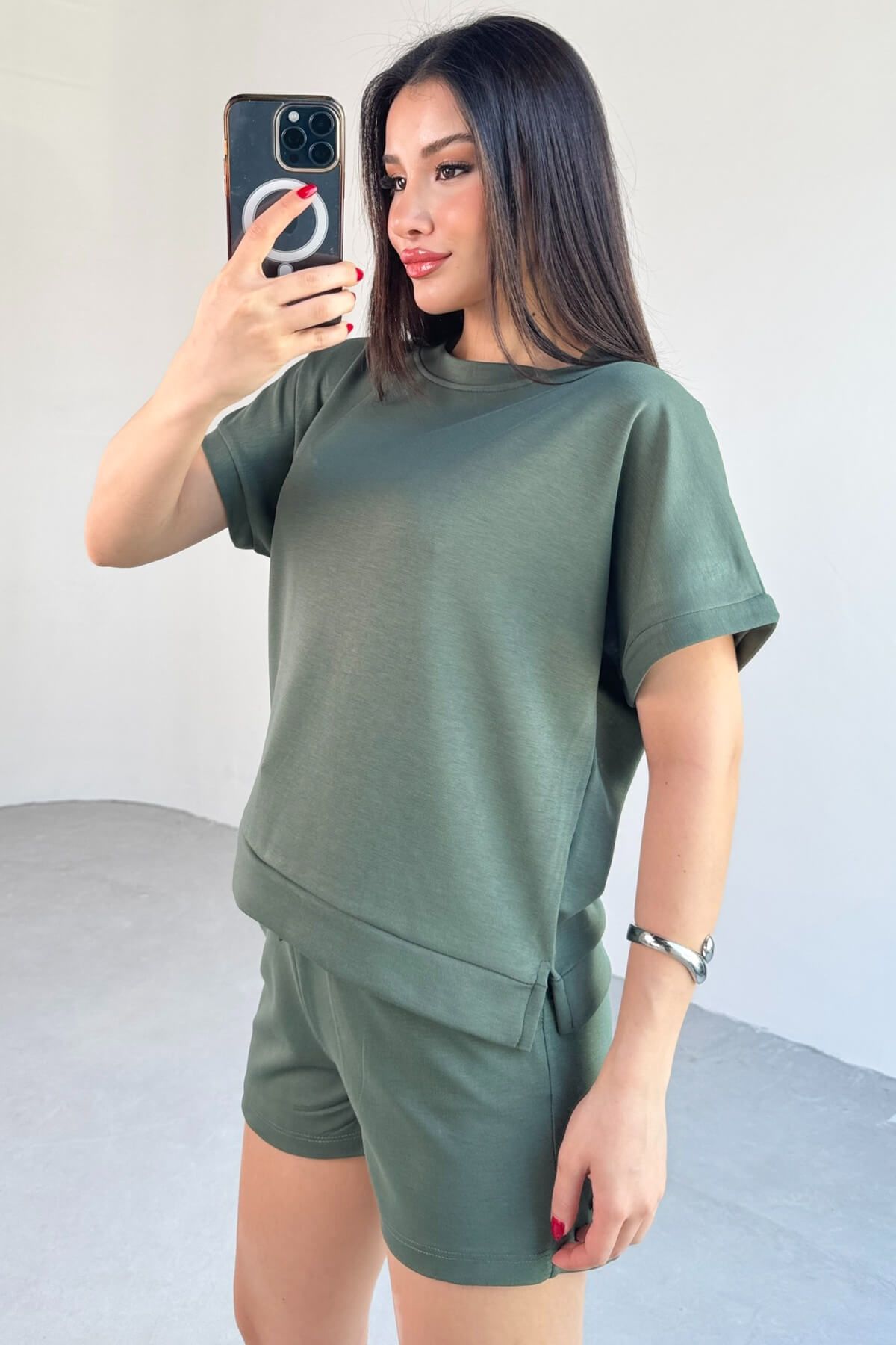 Cappmoda-Tkm-0021 Khaki t Sleeve Model Bicycle Collar T-Shirt Waist Elastic Rope Tie Pocket Shorts Two-Piece Set 7