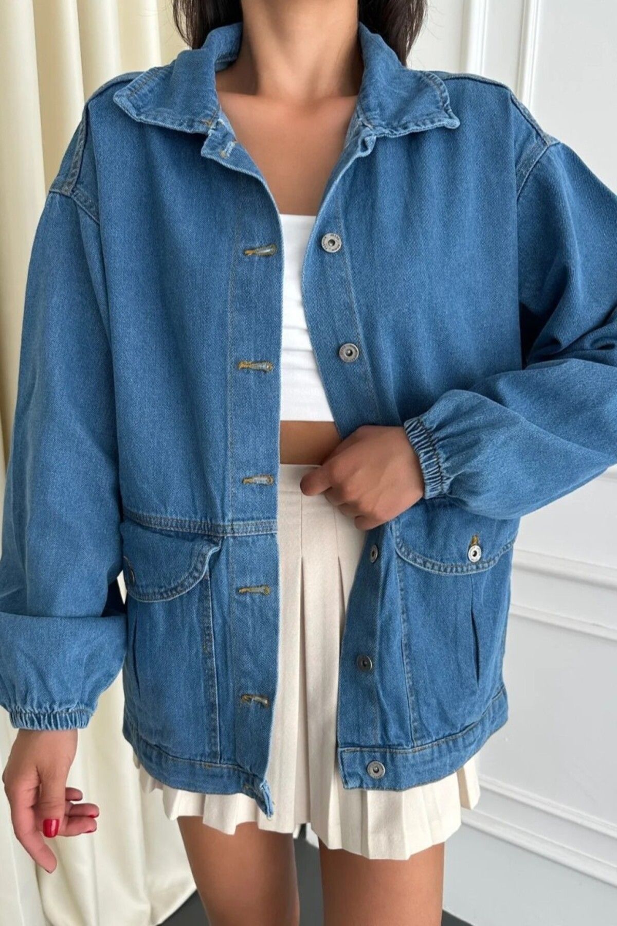 TOFİSA Kadın Oversize Körüklü Cep Kot Ceket Acik Mavi - 26578