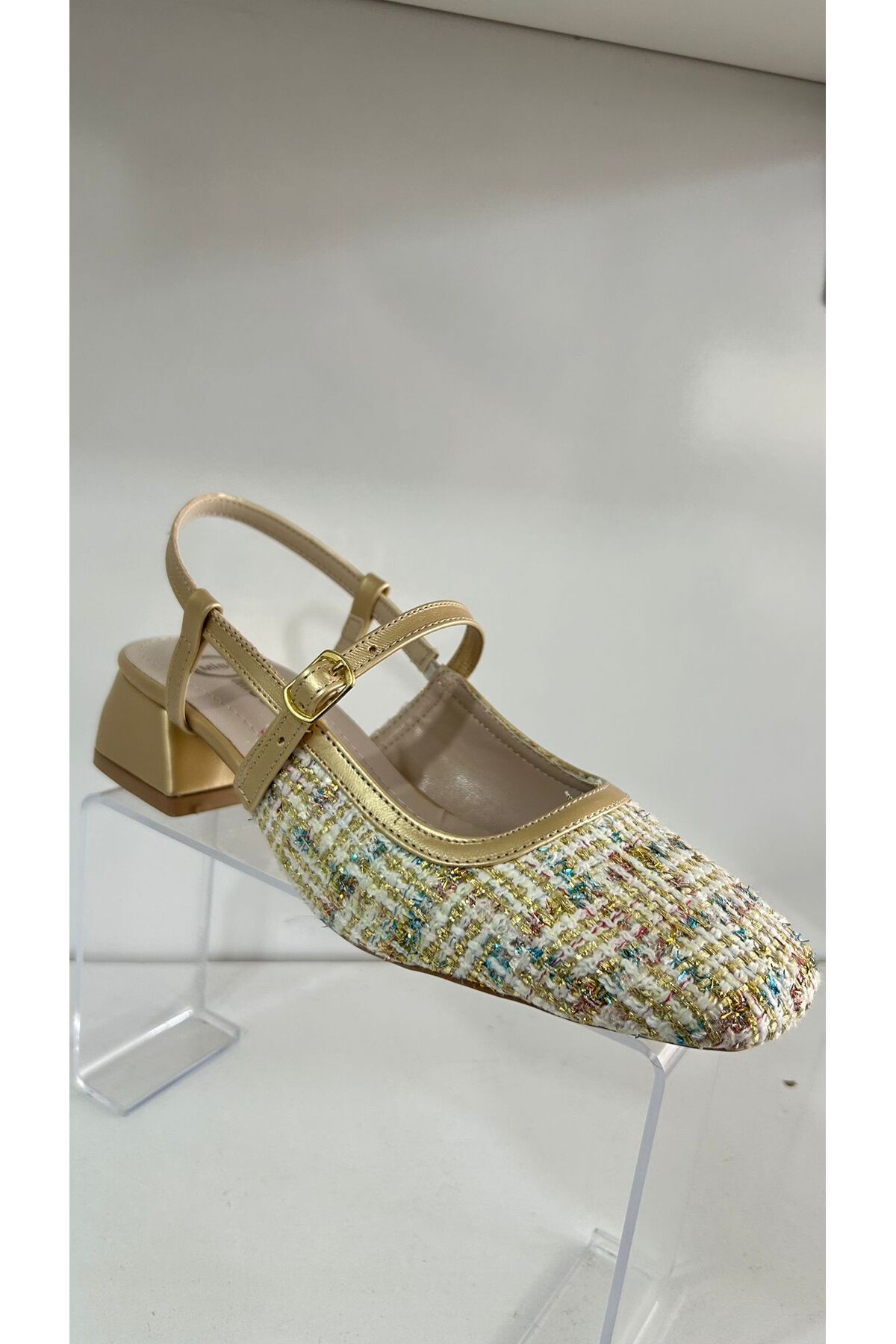 ÖZDE shoes GOLD ÇOK Renkli Tüvit Kumaş Kısa Blok Topuklu Babet Ayakkabı