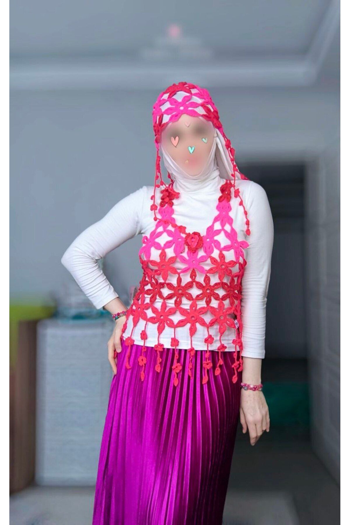 BagsDecor BLUZ kurdeleli pembe fuşya kırmızı çiçekli abiye dantelli plaj tiğ işi
