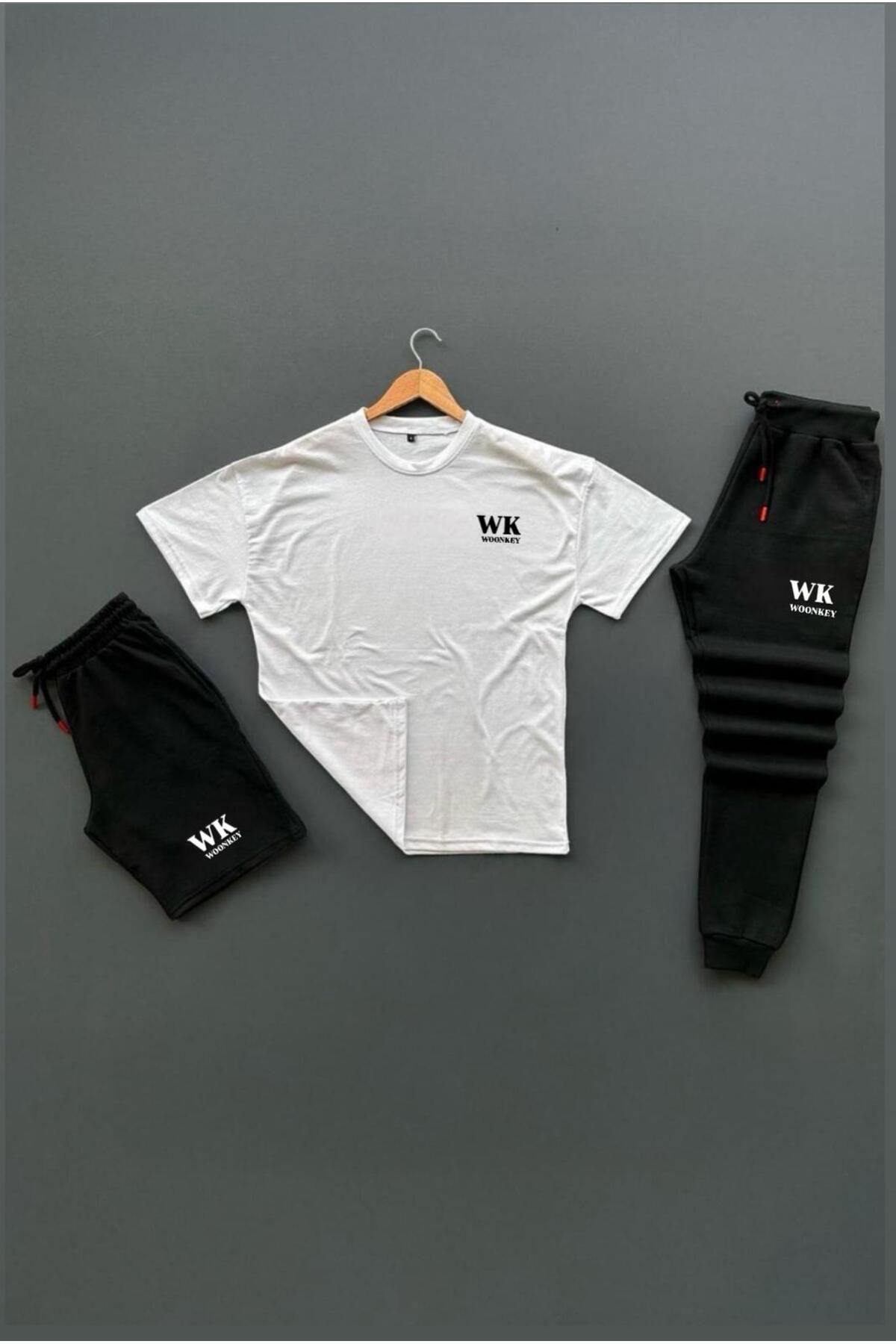 woonkey UNISEX OVERSİZE WK BASKILI BİSİKLET YAKA PENYE TİŞÖRT ŞORT EŞOFMAN 3'LÜ SET