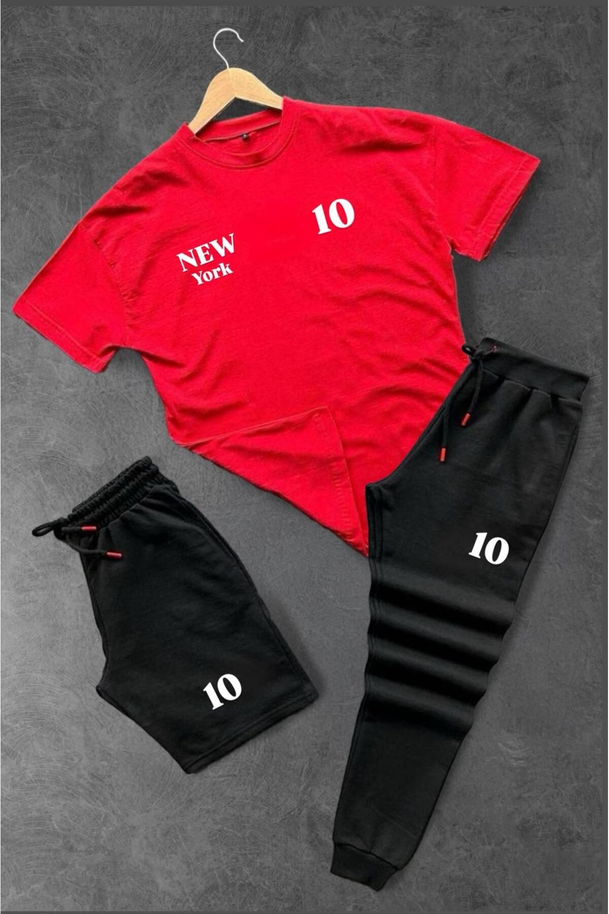 woonkey UNISEX OVERSİZE NEW 10 BASKILI BİSİKLET YAKA PENYE TİŞÖRT ŞORT EŞOFMAN 3'LÜ SET YAZLIK