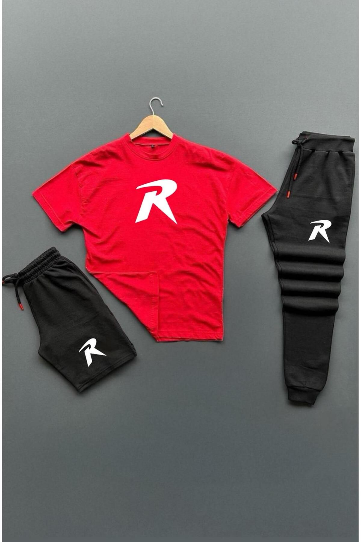 woonkey UNISEX OVERSİZE R BASKILI BİSİKLET YAKA PENYE TİŞÖRT ŞORT EŞOFMAN 3'LÜ SET YENİ SEZON