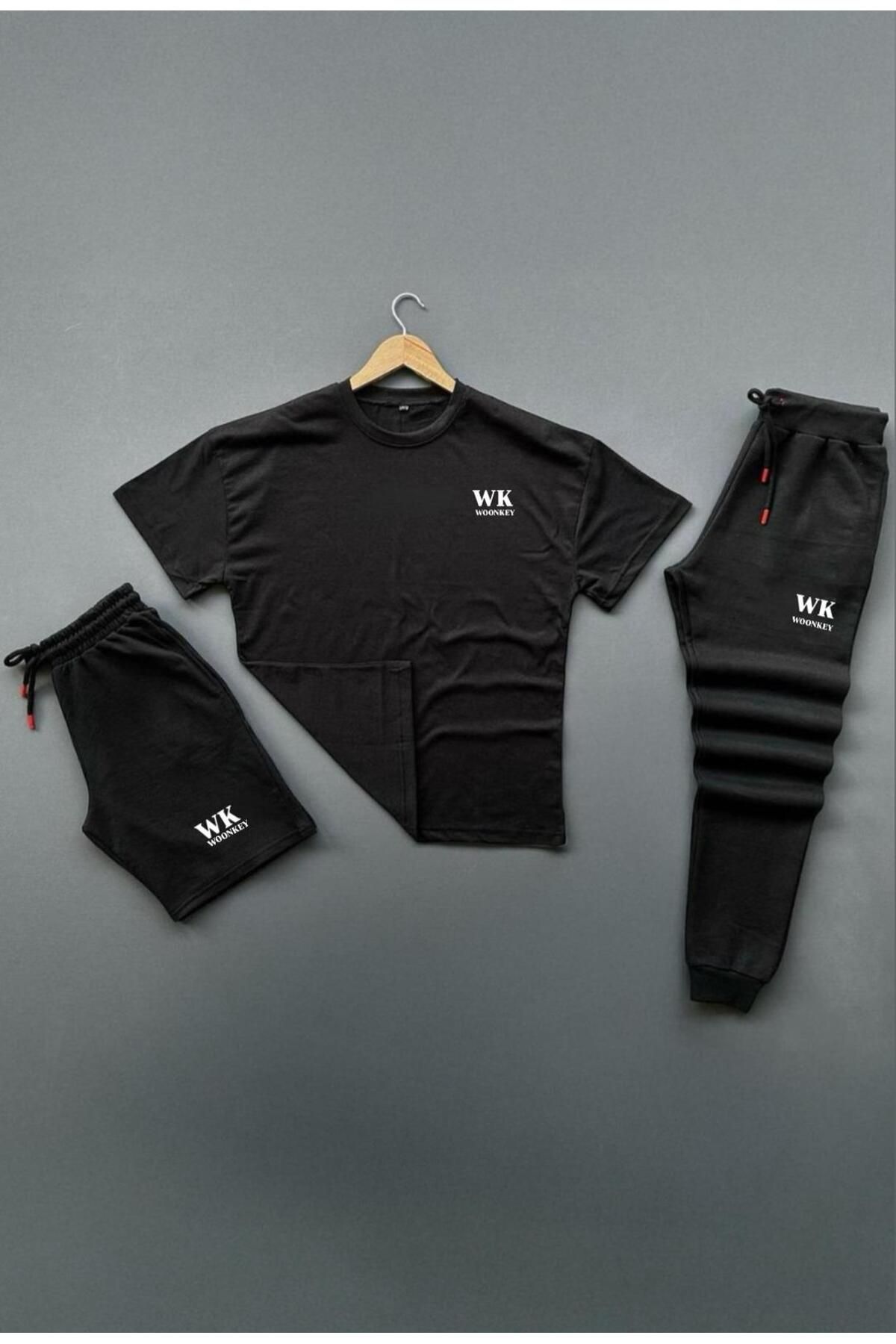 woonkey UNISEX OVERSİZE WK BASKILI BİSİKLET YAKA PENYE TİŞÖRT ŞORT EŞOFMAN 3'LÜ SET