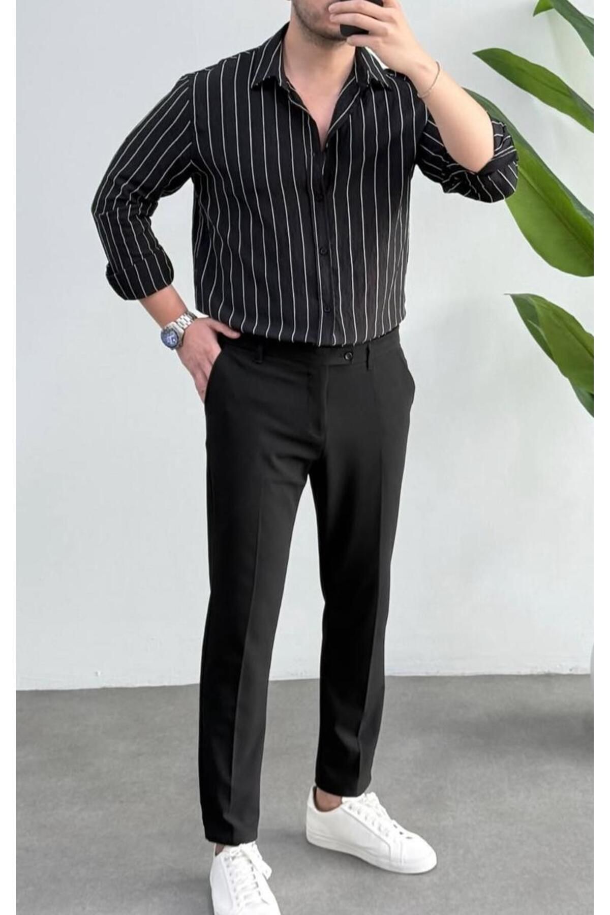 JACK CAPRİO Erkek Flam Çizgili Oversize Keten Gömlek