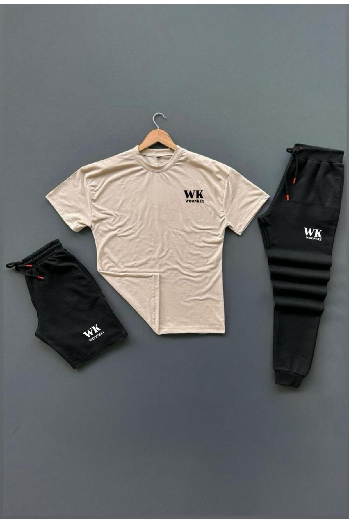 woonkey UNISEX OVERSİZE WK BASKILI BİSİKLET YAKA PENYE TİŞÖRT ŞORT EŞOFMAN 3'LÜ SET