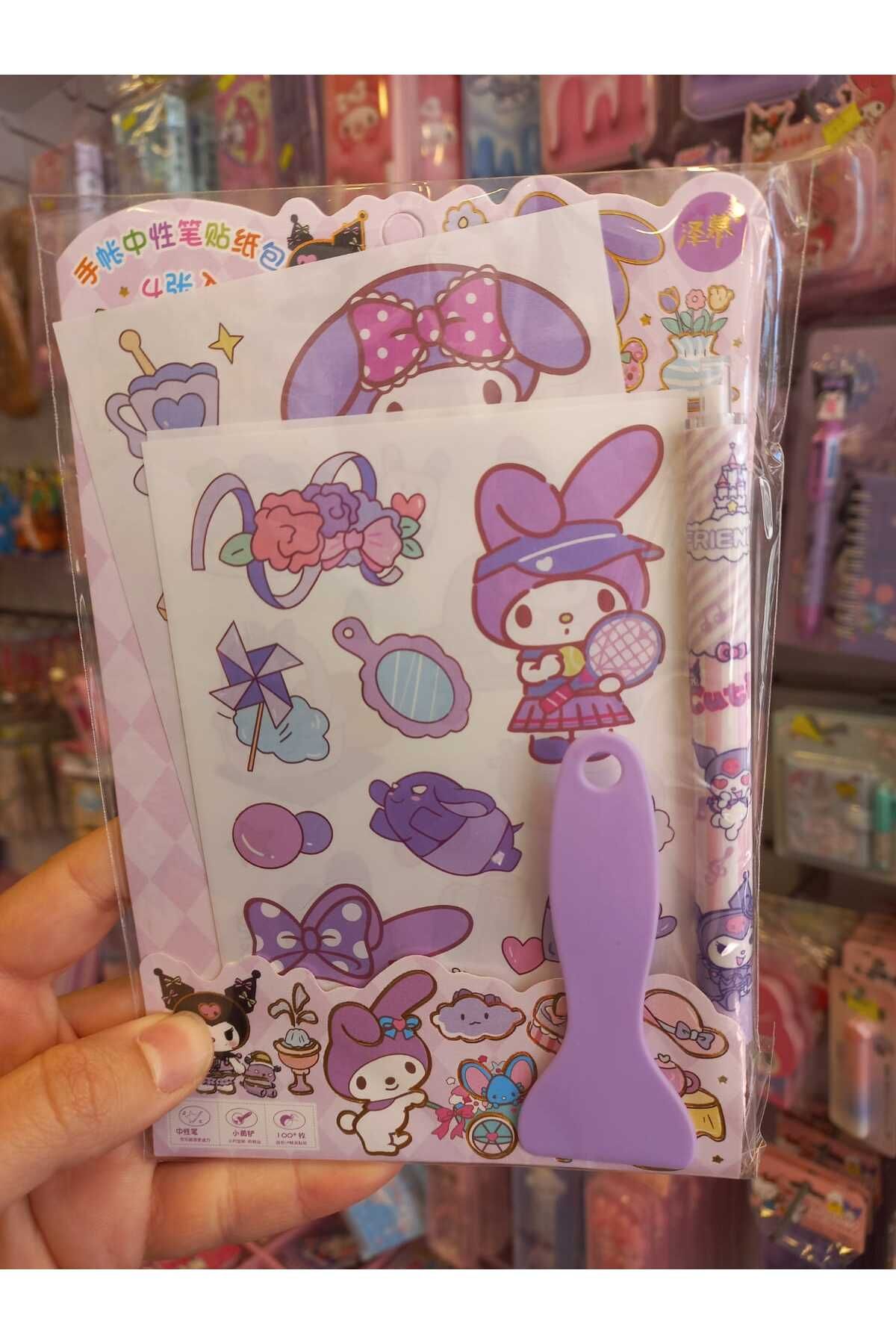 zeynobella Sanrio Kawaii 4 Sayfa Çıkartmalı Sticker Tükenmez Kalem ve Spatula Sevimli Okul Öncesi Hediyelik