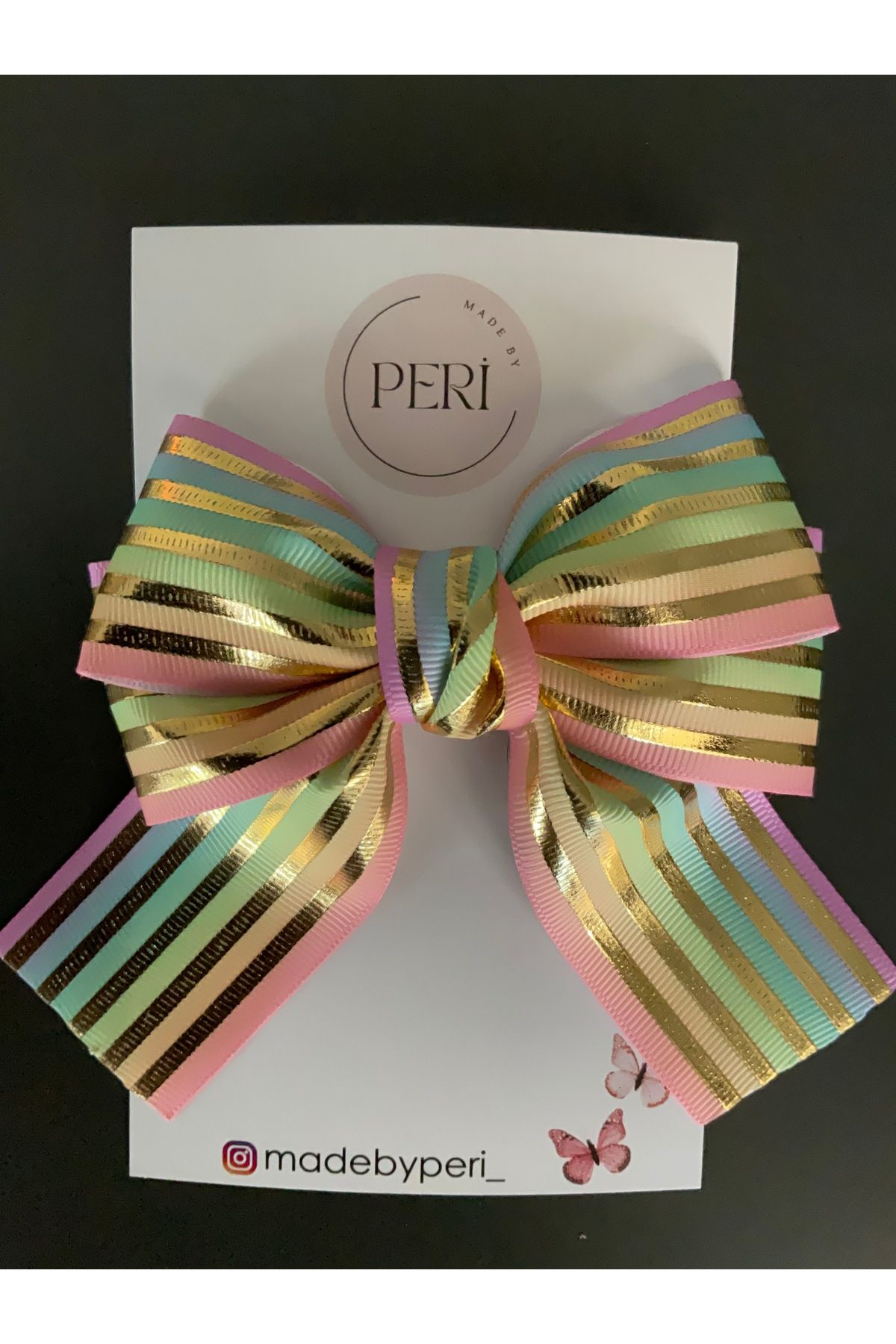 MADE BY PERİ Toka; Çizgili,gold şeritli kurdeleden çocuk,yetişkin fiyonk toka.