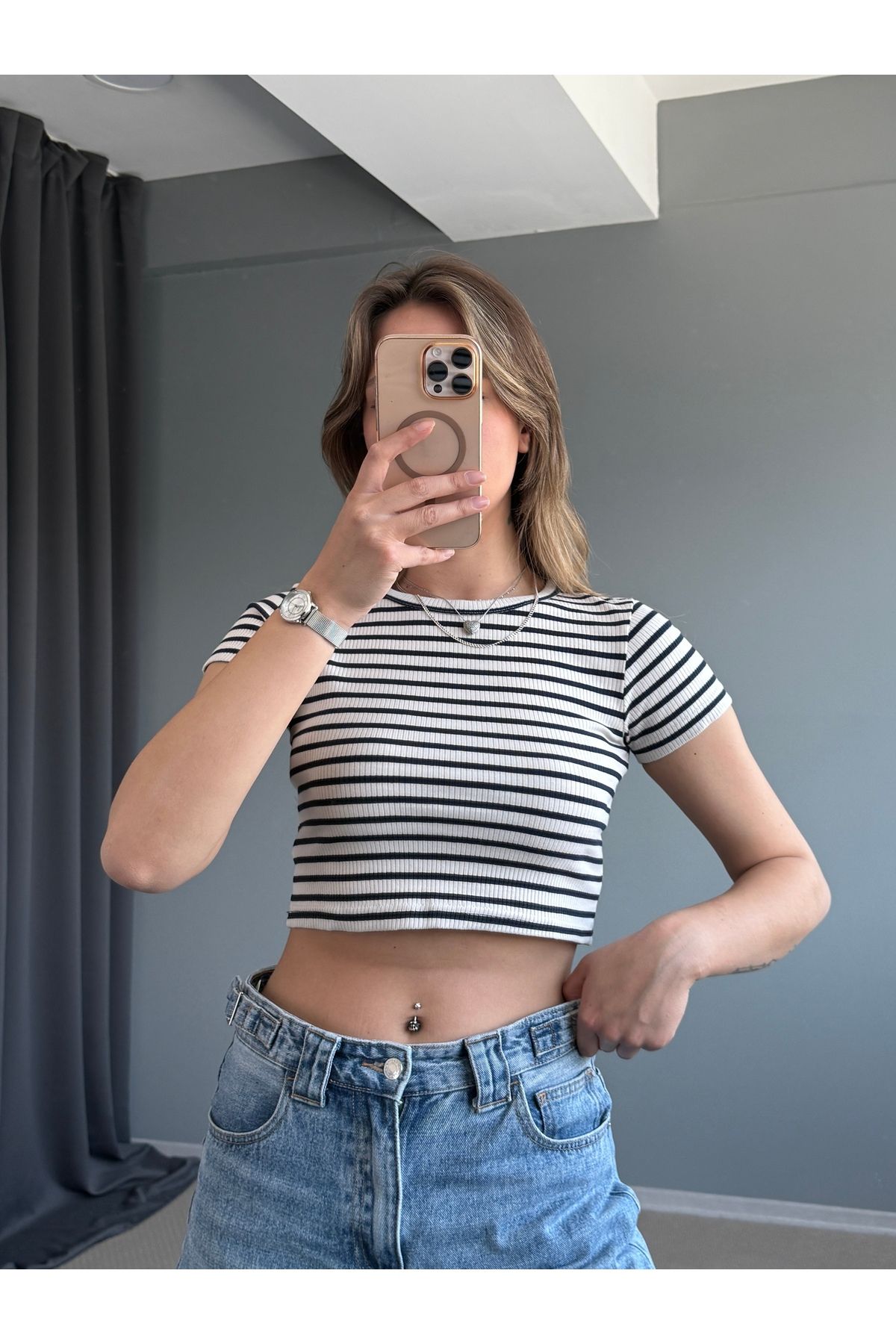 AlisaSu Lacivert Fitilli Crop T-shirt