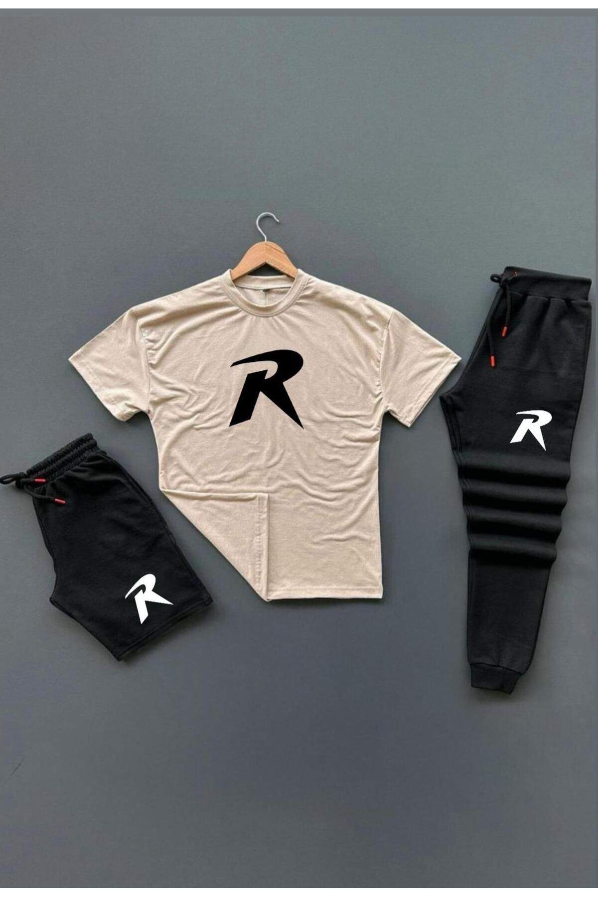 woonkey UNISEX OVERSİZE R BASKILI BİSİKLET YAKA PENYE TİŞÖRT ŞORT EŞOFMAN 3'LÜ SET YENİ SEZON