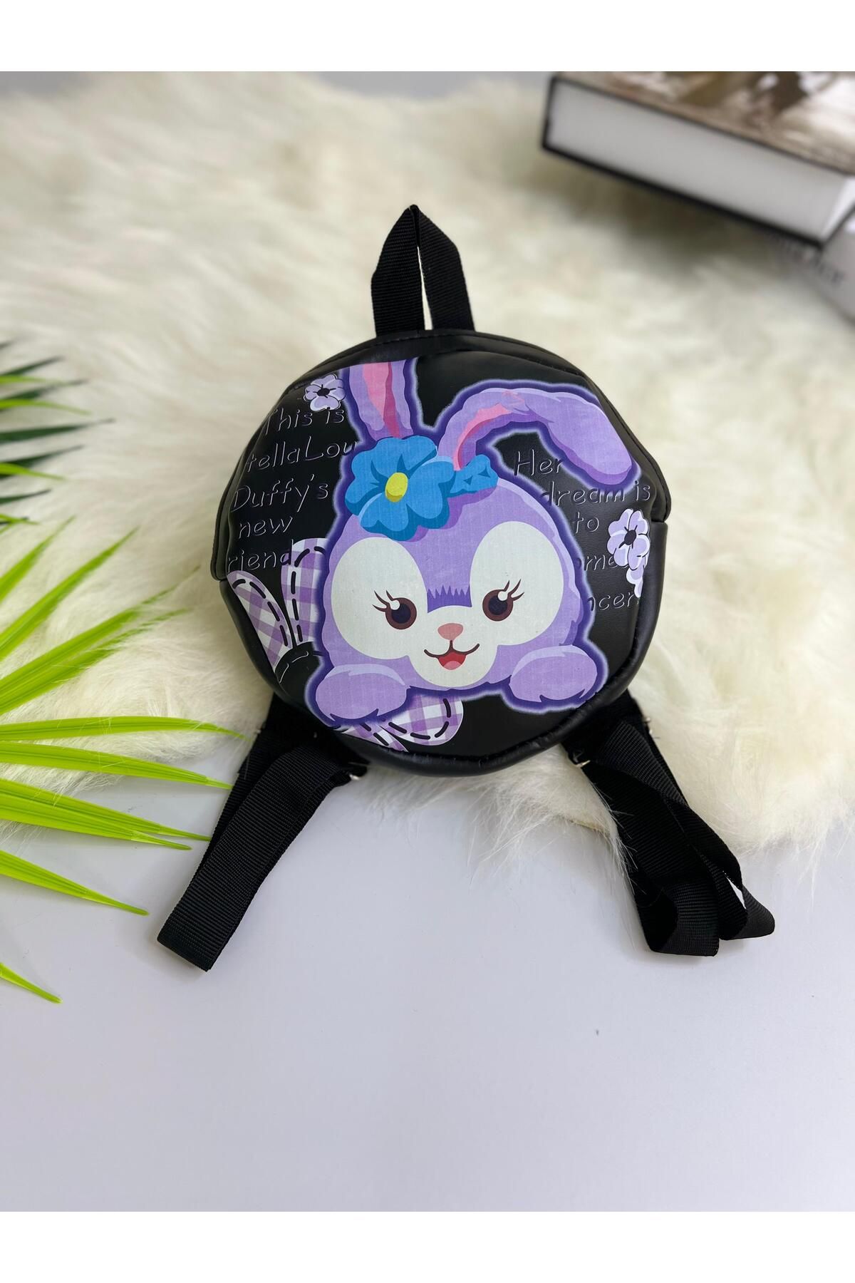 mislina kids Tavşan Baskılı Siyah Yuvarlak Mini Sırt Çantası – 3/6 Yaş