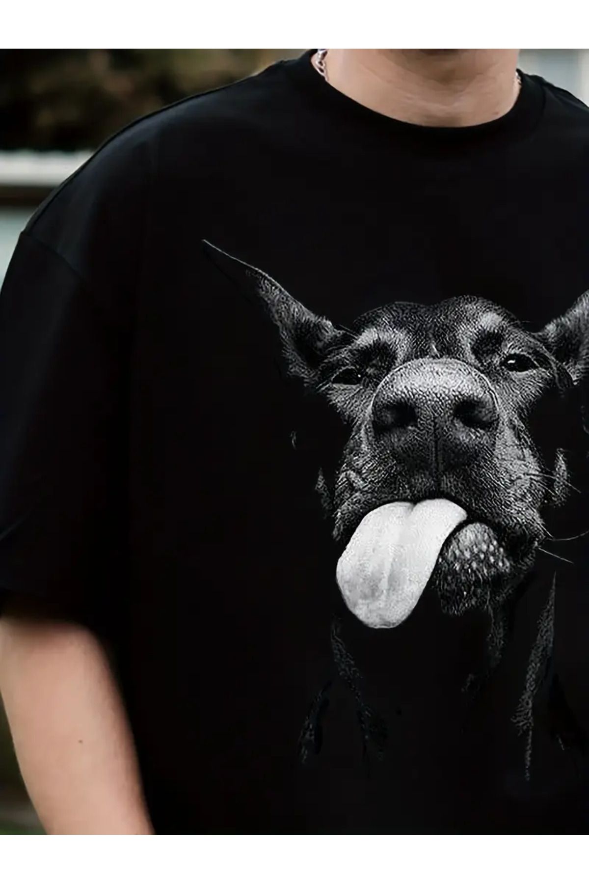 AEMİ Unisex Dog Doberman Black Baskılı %100 Pamuk Oversize T-shirt