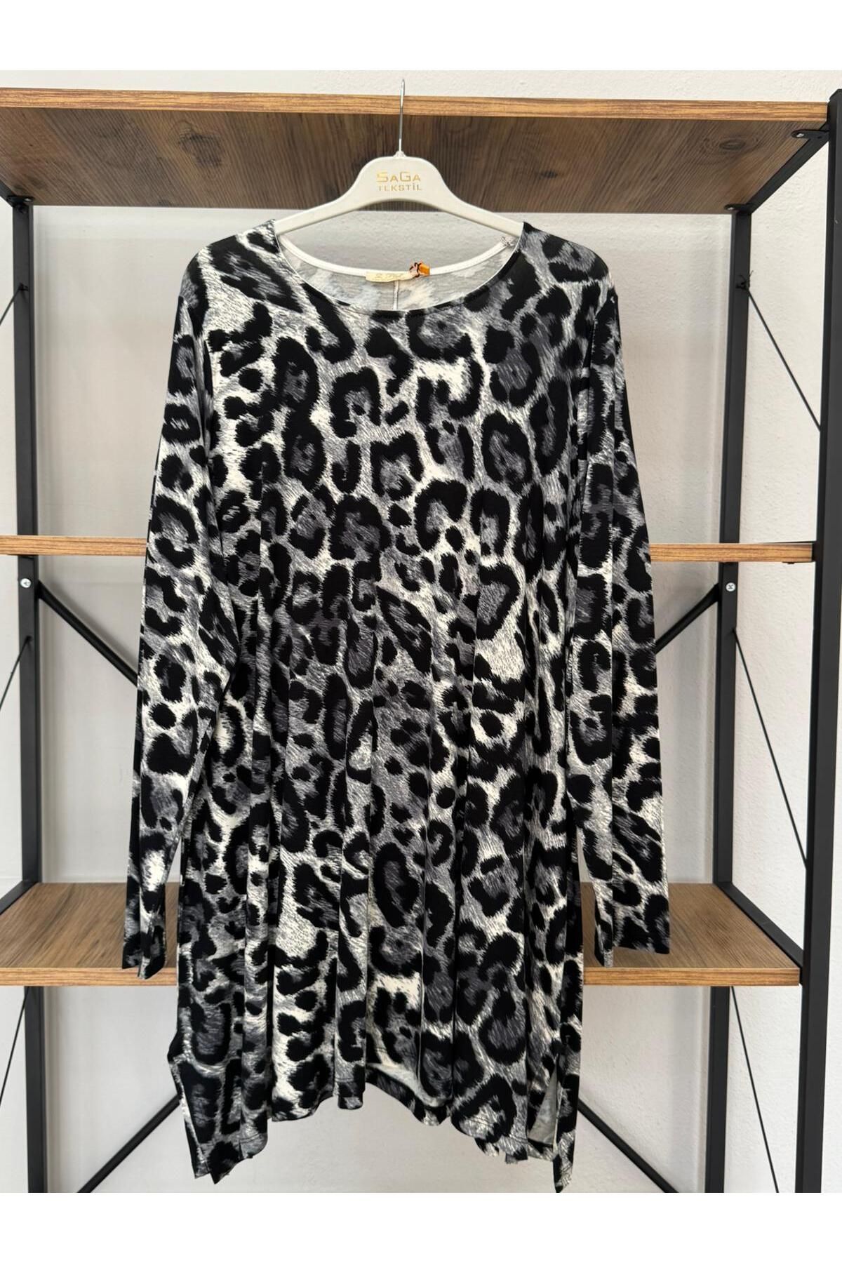 ÖZNE BUTİK Leopar desen Kadın %100 pamuklu likralı bisiklet yaka desenli A model penye tunik