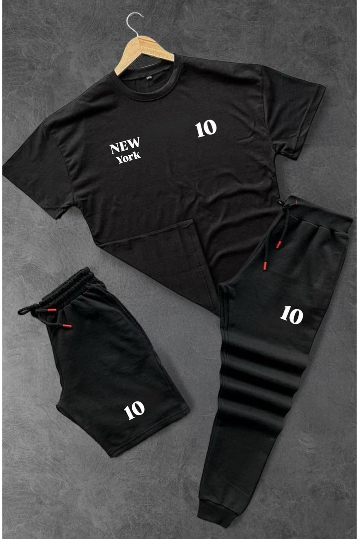 woonkey UNISEX OVERSİZE NEW 10 BASKILI BİSİKLET YAKA PENYE TİŞÖRT ŞORT EŞOFMAN 3'LÜ SET YAZLIK