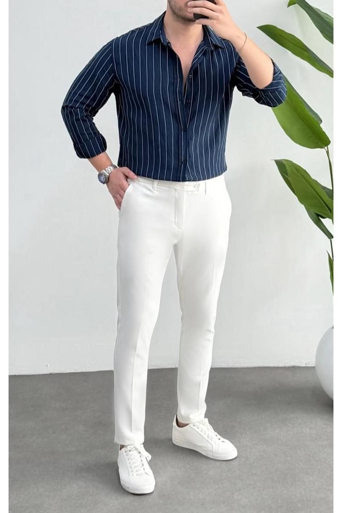 JACK CAPRİO Erkek Flam Çizgili Oversize Keten Gömlek