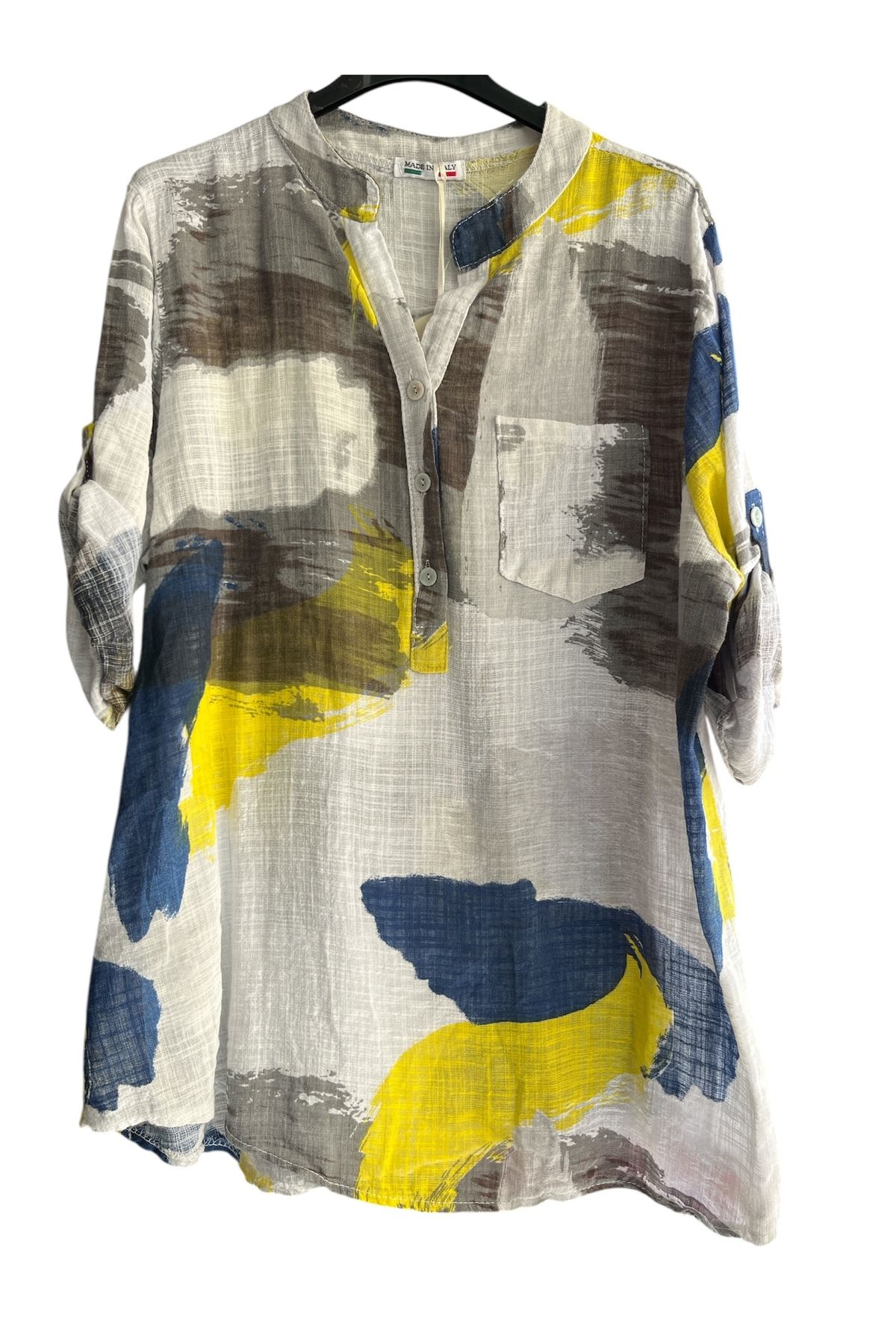 Park Moda kadın ıtalyan PATCHWORK desenli düğme detaylı katlanan yetim kollu % 100 pamuk bluz
