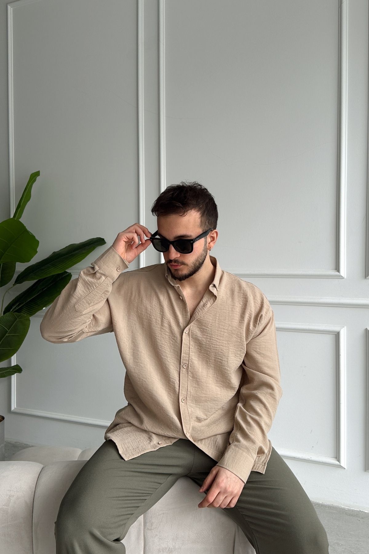 Livio Ferri  Napas Erkek Oversize Keten Görünümlü Gömlek - Görsel 2