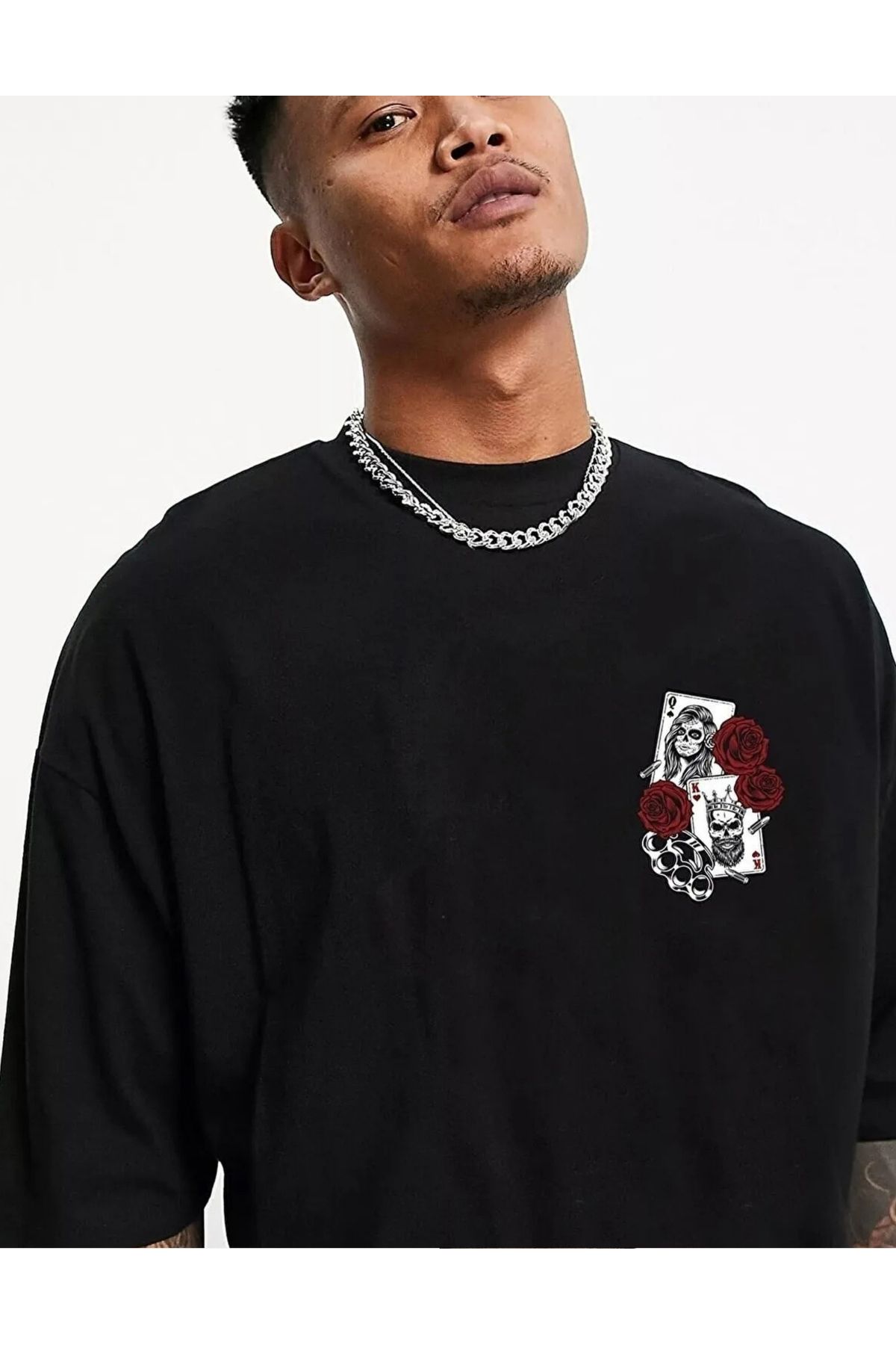 NEMESA Unısex Kadın/Erkek PAPAZ KIZ KART VE GÜL Baskılı Oversize Düşük Kol Bisiklet Yaka T-Shirt
