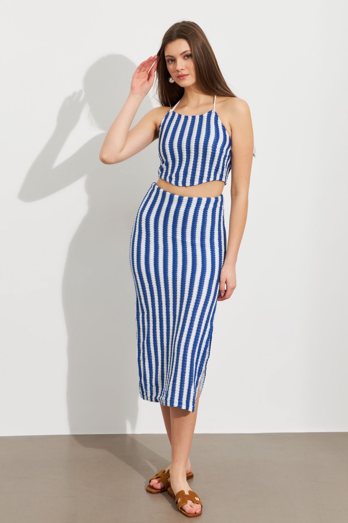 Cool & Sexy Kadın Saks Etekli Triko Takım ROP108