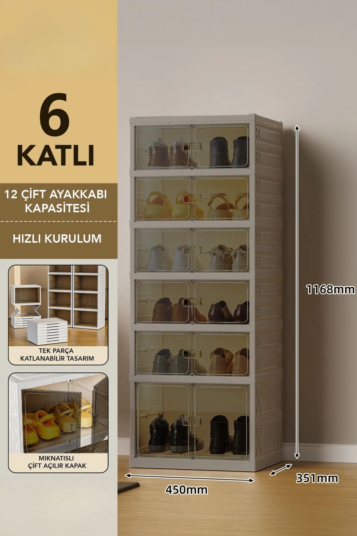 EVLE 6 Katlı Katlanabilir Ayakkabılık, Modüler Ayakkabı Dolabı, Portatif Düzenleyici, Toprak