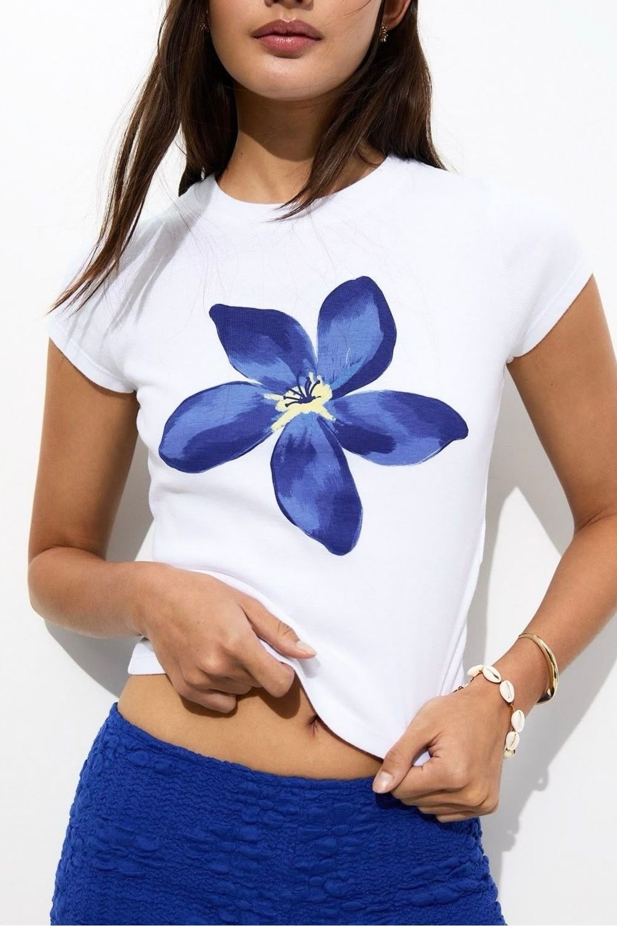Aesthia Beyaz Unisex Blue Floral Printed Kemer Boy Bluz