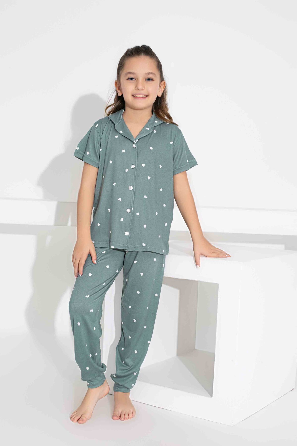 Tarık-Mother Daughter Combination Short Sleeve Shirt Long Bottom Milan Fabric Medium Thick Pajamas Set-2909 4