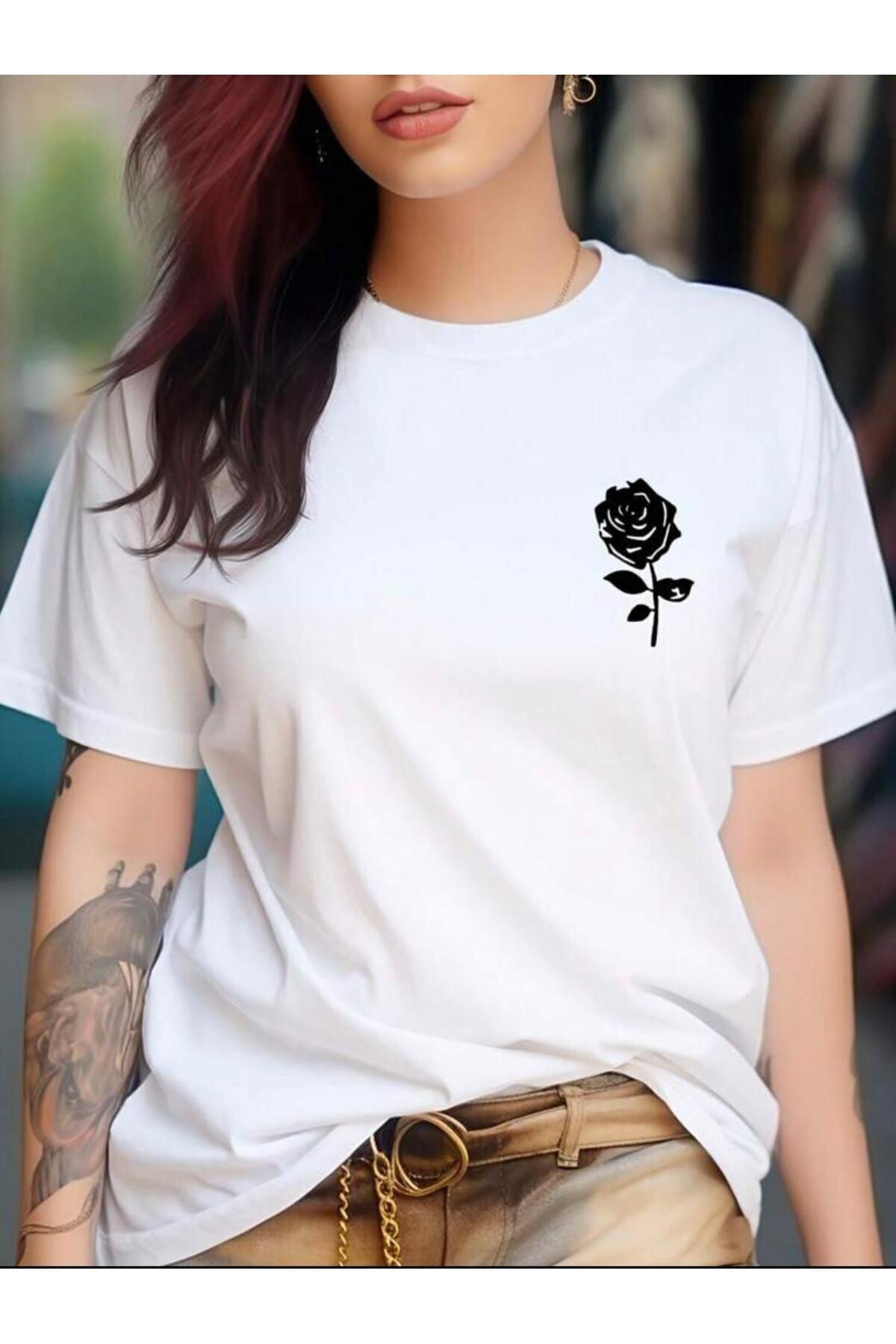 NEMESA Kadın Oversize Gül Baskılı T-shirt