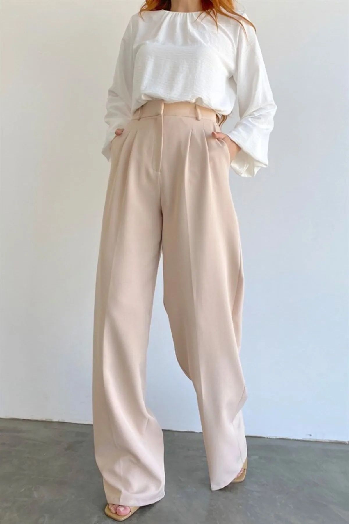 BİRDALİFE WEAR Düğmelii Kadın Palazzo Taş Kumaş Pileli Flotalı Pantolonn