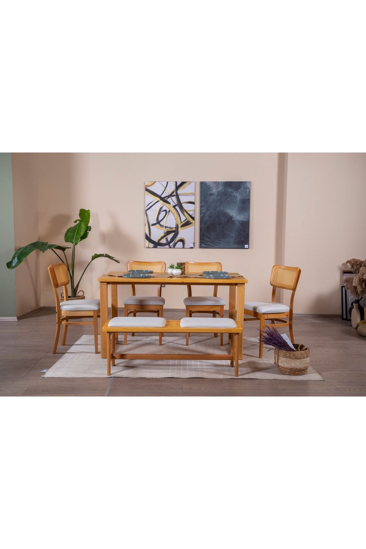 Vivense Hazeran İskandinav Masif Mutfak Masa Takımı, 4 Sandalye 1 Bench, 80X160