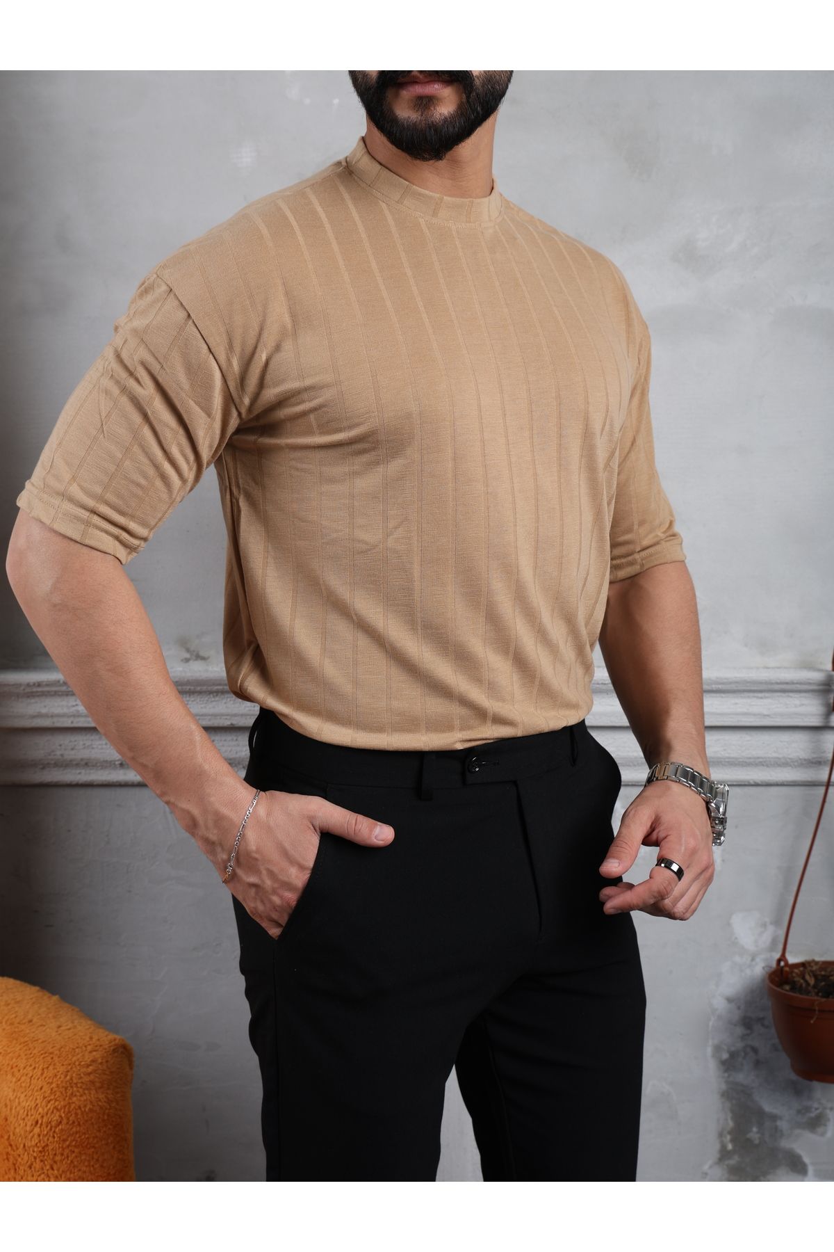 Anılfashion Erkek Pamuklu Oversize Kahverengi Nefes Alan Triko Tişört