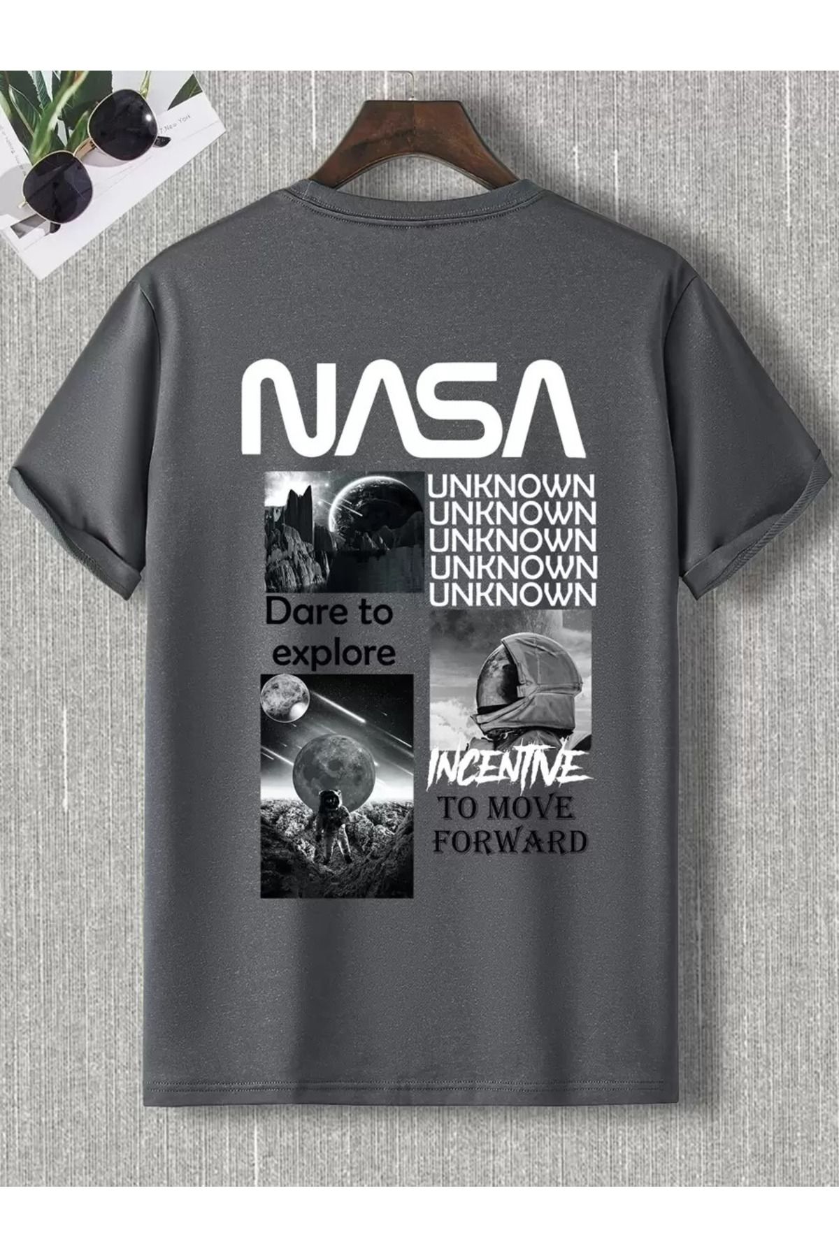 KAPHONE Erkek Oversize Pamuklu Nasa Ön Arka Baskılı T-shirt