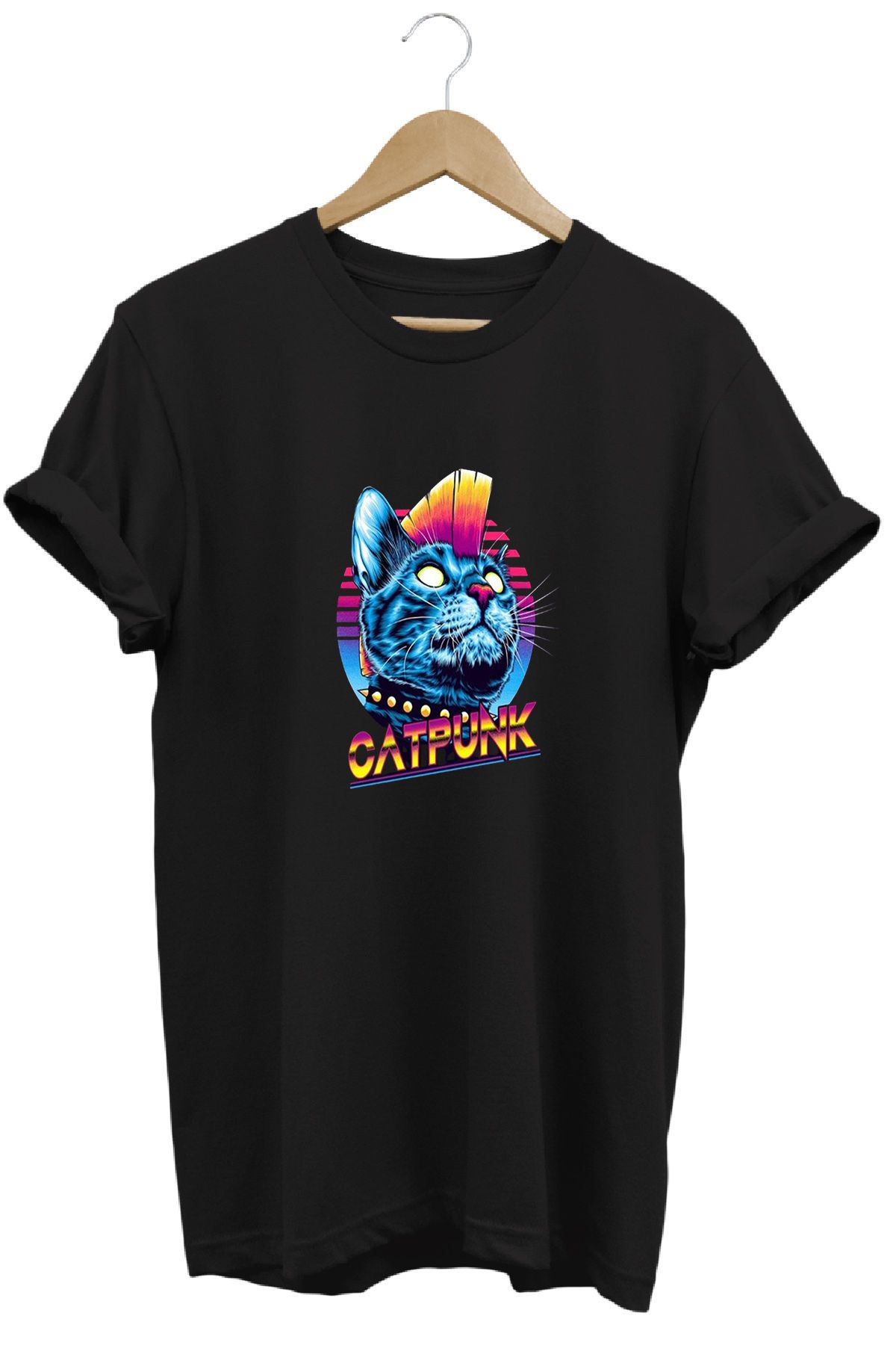 remonz Punk Kedi Baskılı %100 Pamuk Regular Fit Bisiklet Yaka T-shirt