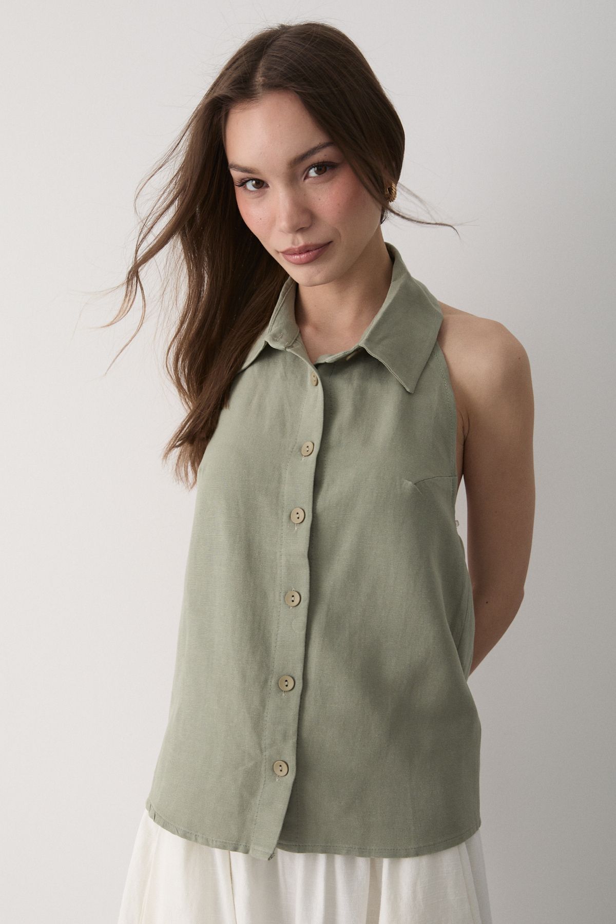 JASTE-Women's Khaki Collared Zero Sleeve Linen Blouse with Open Elastic Back 5