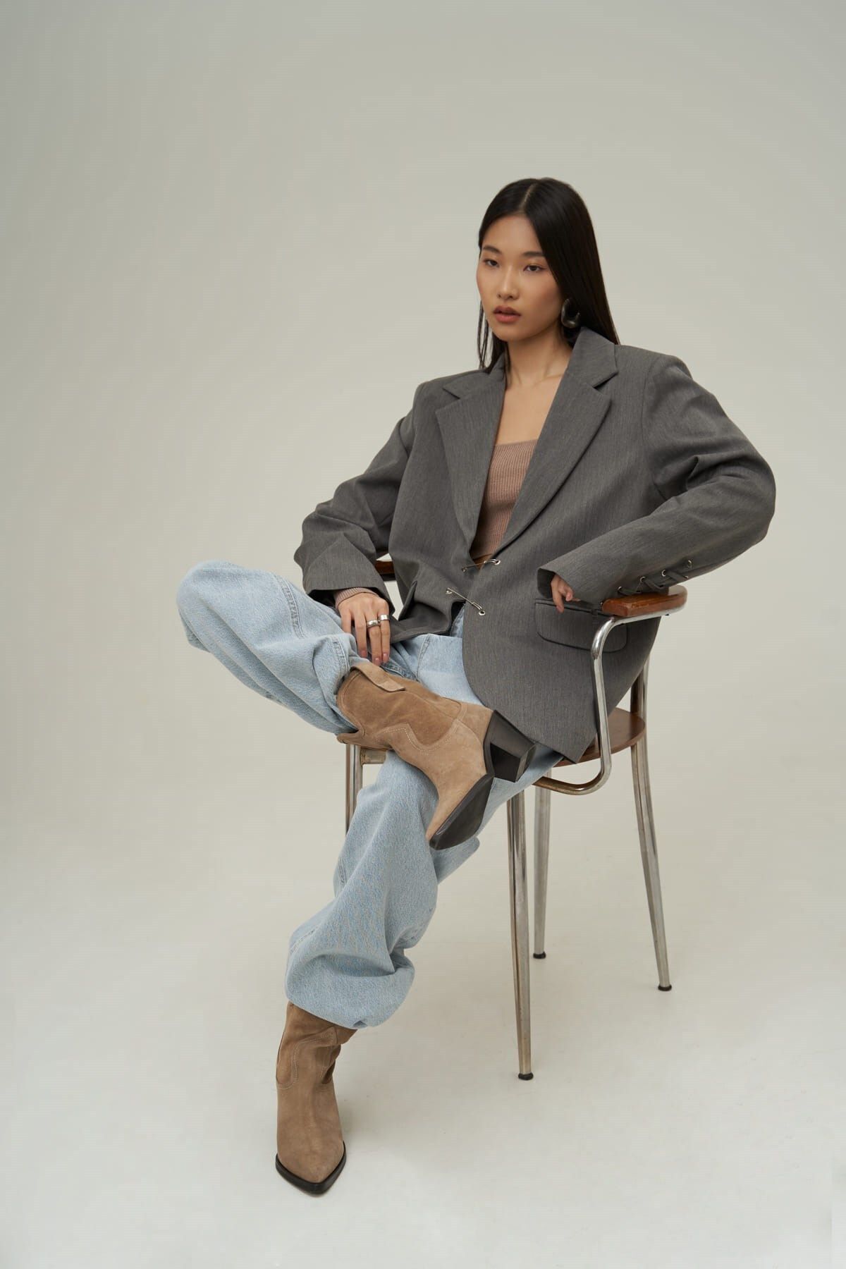 MAİ COLLECTİON-Lana Hook Detail Smoked Blazer Jacket 6