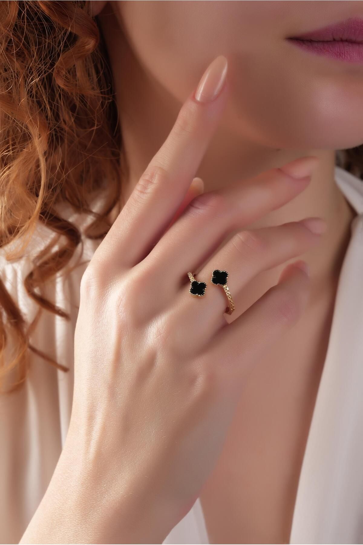 Çlk Accessories Premium Ayarlanabilir İki Sıra Sedefli Yonca Yüzük 1492
