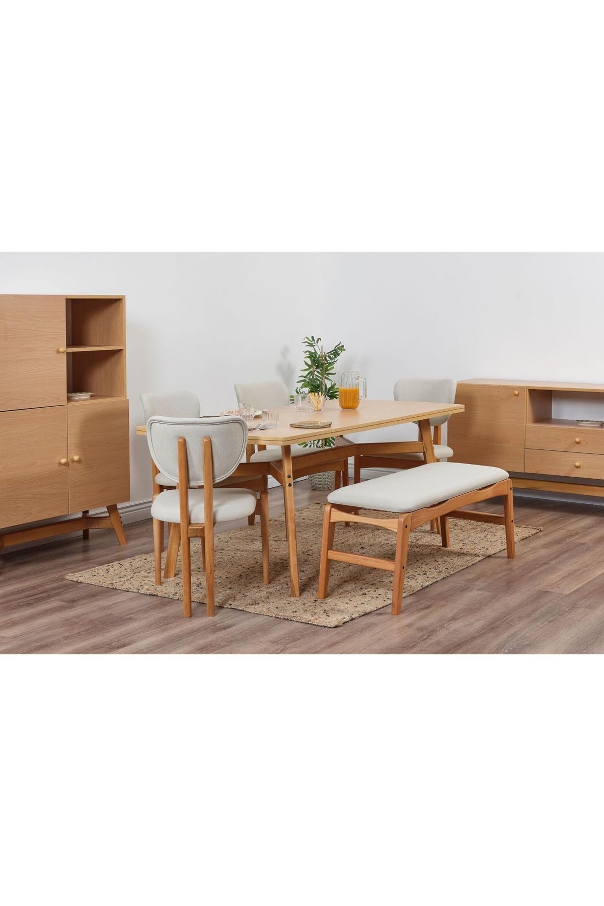Vivense Moon Benchli İskandinav Masa Takımı, 4 Sandalyeli, Krem, 180X90