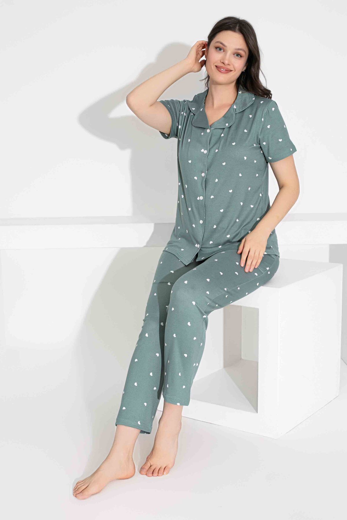 Tarık-Mother Daughter Combination Short Sleeve Shirt Long Bottom Milan Fabric Medium Thick Pajamas Set-2909 5
