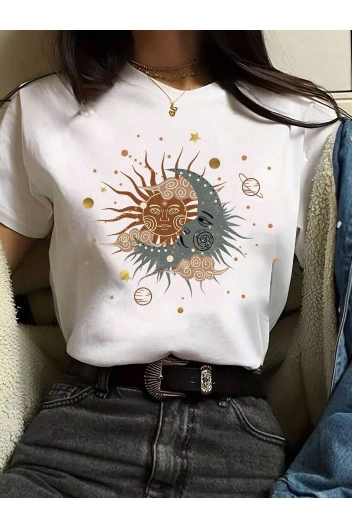 NEMESA Kadın Güneş Ve Ay Baskılı Oversize T-Shirt