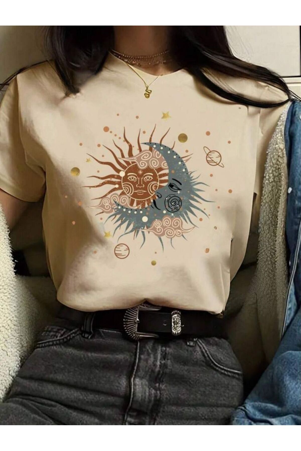 NEMESA Kadın Güneş Ve Ay Baskılı Oversize T-Shirt