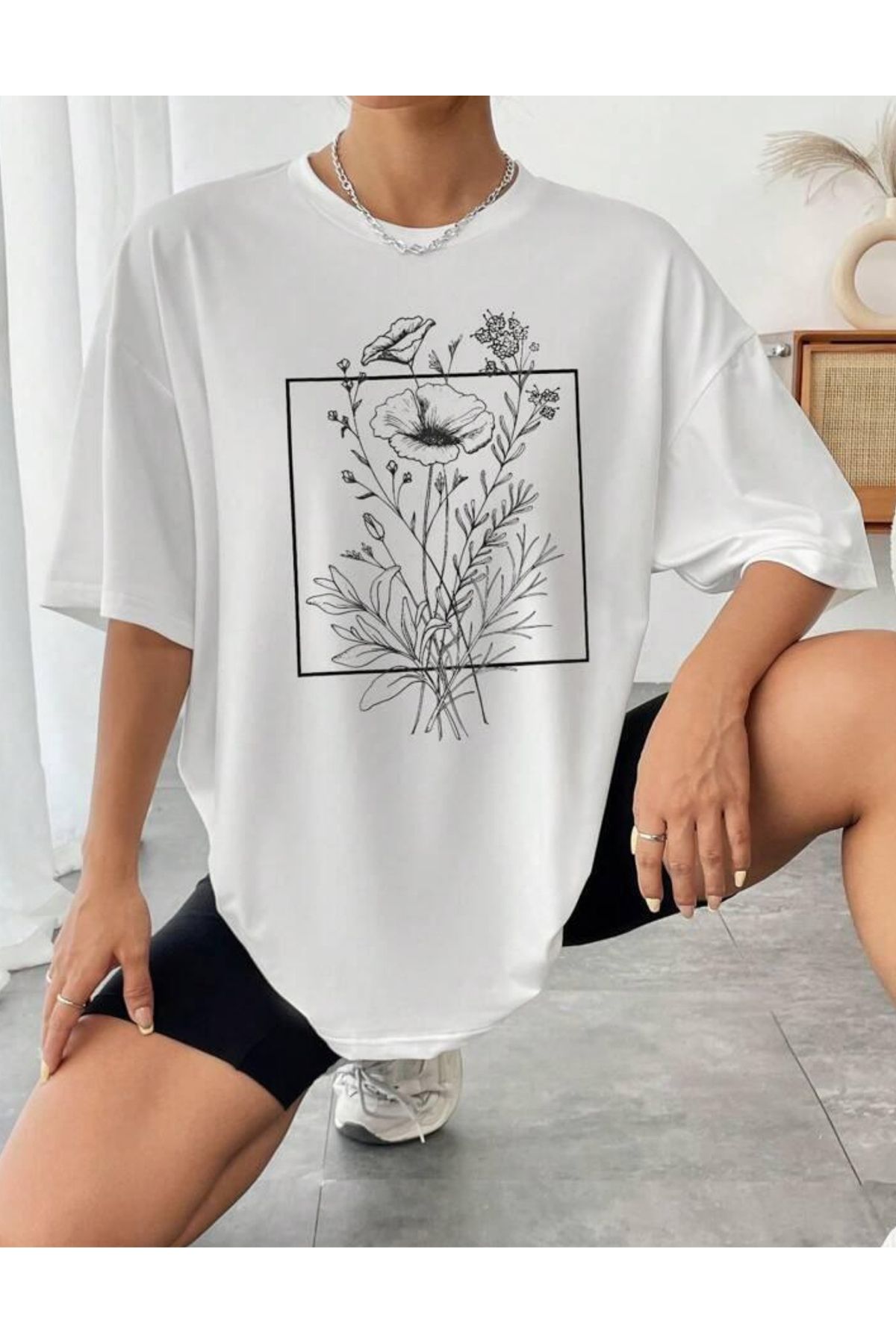 NEMESA Unısex Kadın/Erkek Baskılı Oversize Düşük Kol Bisiklet Yaka T-Shirt