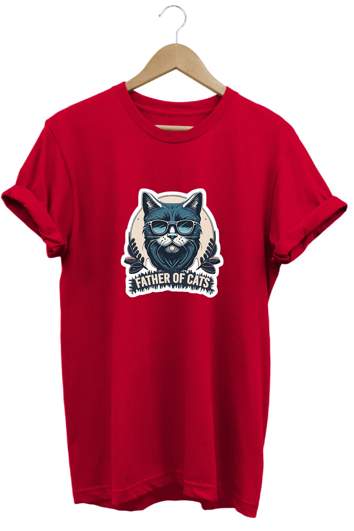 remonz Father of Cats Kedilerin Babası Baskılı %100 Pamuk Regular Fit Bisiklet Yaka T-shirt
