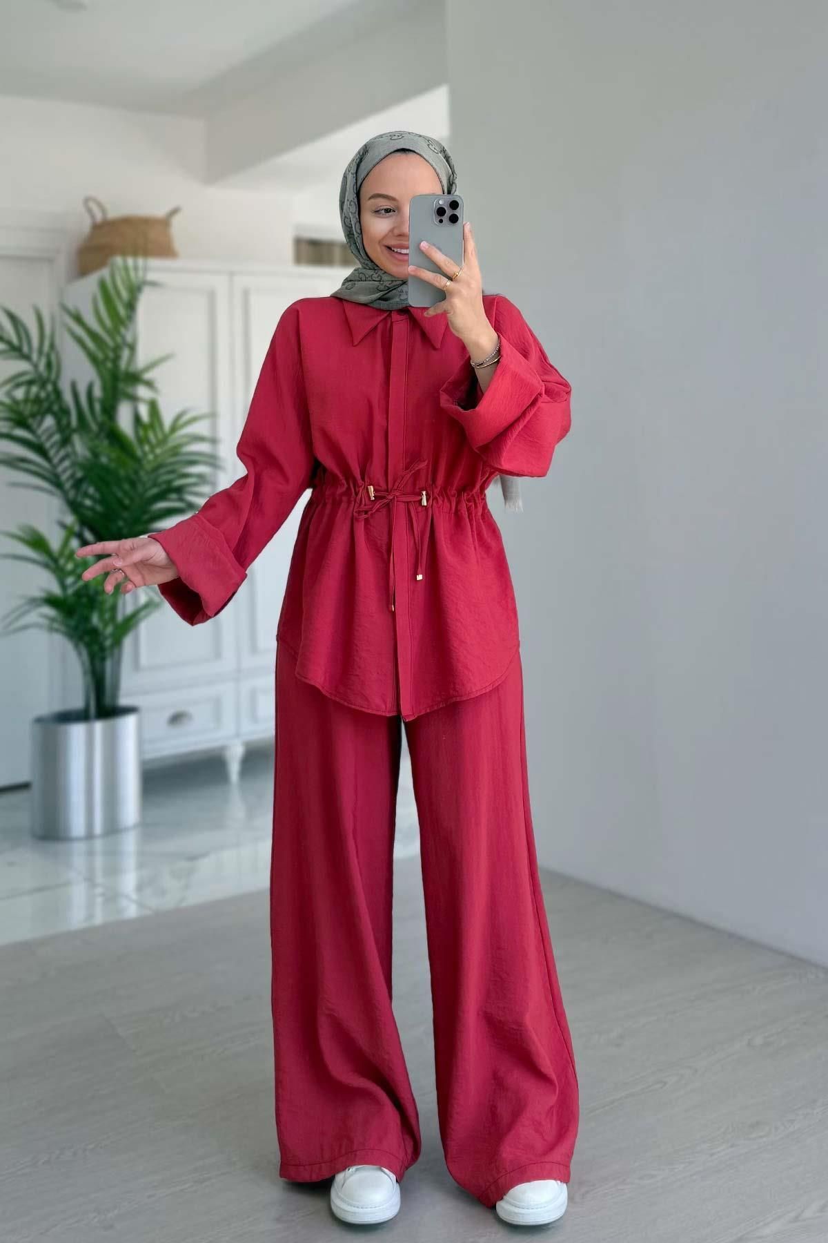 Ka Hijab Rahat Kesim Büzgü Detaylı Takım - Nar Çiçeği
