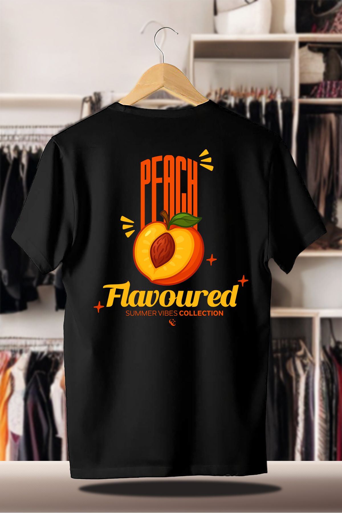 C&C OKULCUNUZ Pamuklu Oversize Baskılı 3 İplik Şardonlu Siyah T-Shirt | Summer Yaz Peach Şeftali Flavoured