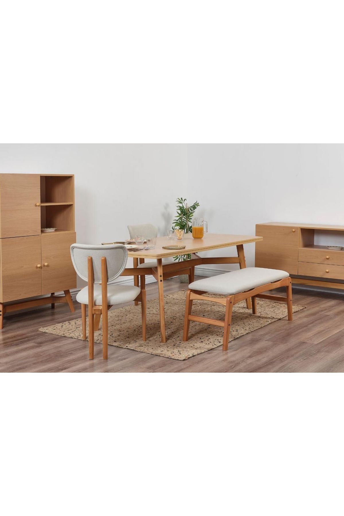 Vivense Moon Benchli İskandinav Masa Takımı, 2 Sandalyeli, Krem, 180X90