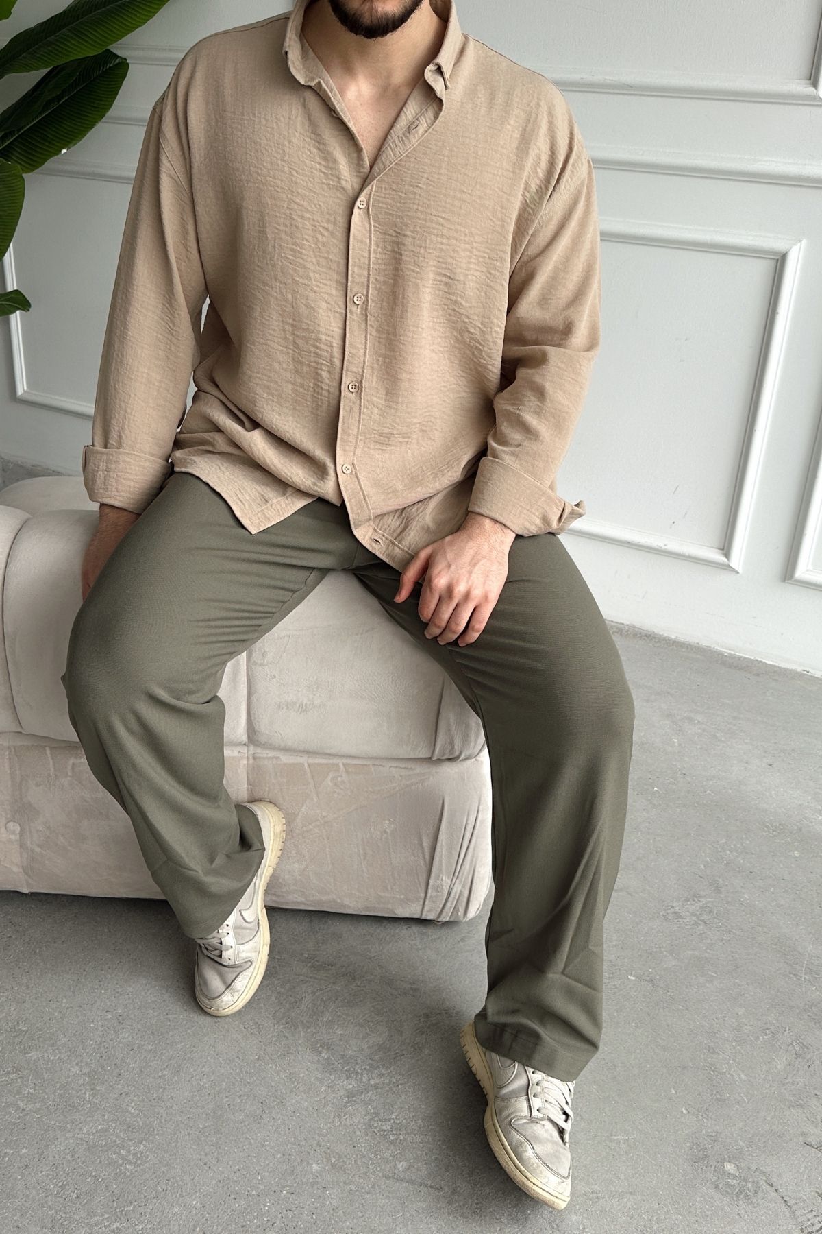 Livio Ferri  Napas Erkek Oversize Keten Görünümlü Gömlek - Görsel 7