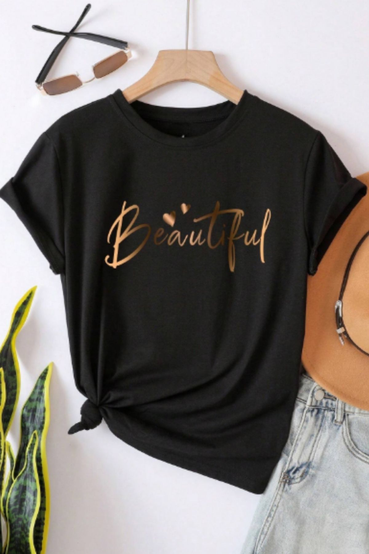 NEMESA Kadın/Kız Beautiful Ve Kalp Baskılı Oversize Düşük Kol Bisiklet Yaka T-Shirt