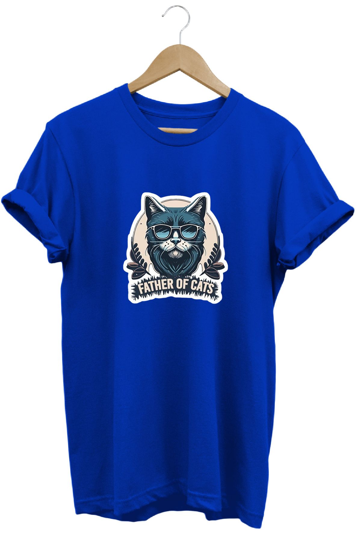remonz Father of Cats Kedilerin Babası Baskılı %100 Pamuk Regular Fit Bisiklet Yaka T-shirt