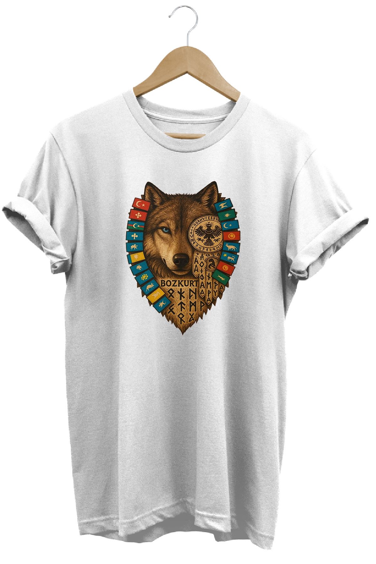 remonz Bozkurt Türk Devletleri Baskılı %100 Pamuk Regular Fit Bisiklet Yaka T-shirt