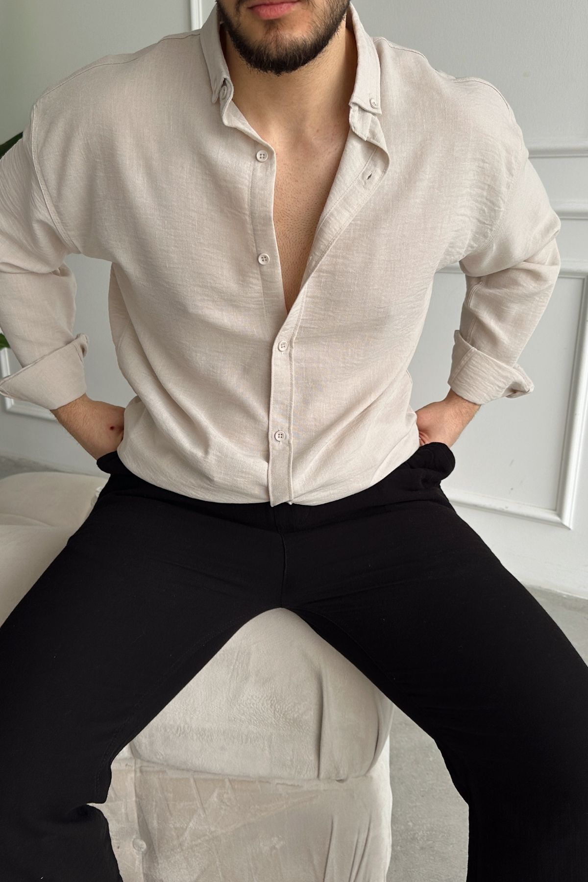 Livio Ferri  Napas Erkek Oversize Keten Görünümlü Gömlek - Görsel 2